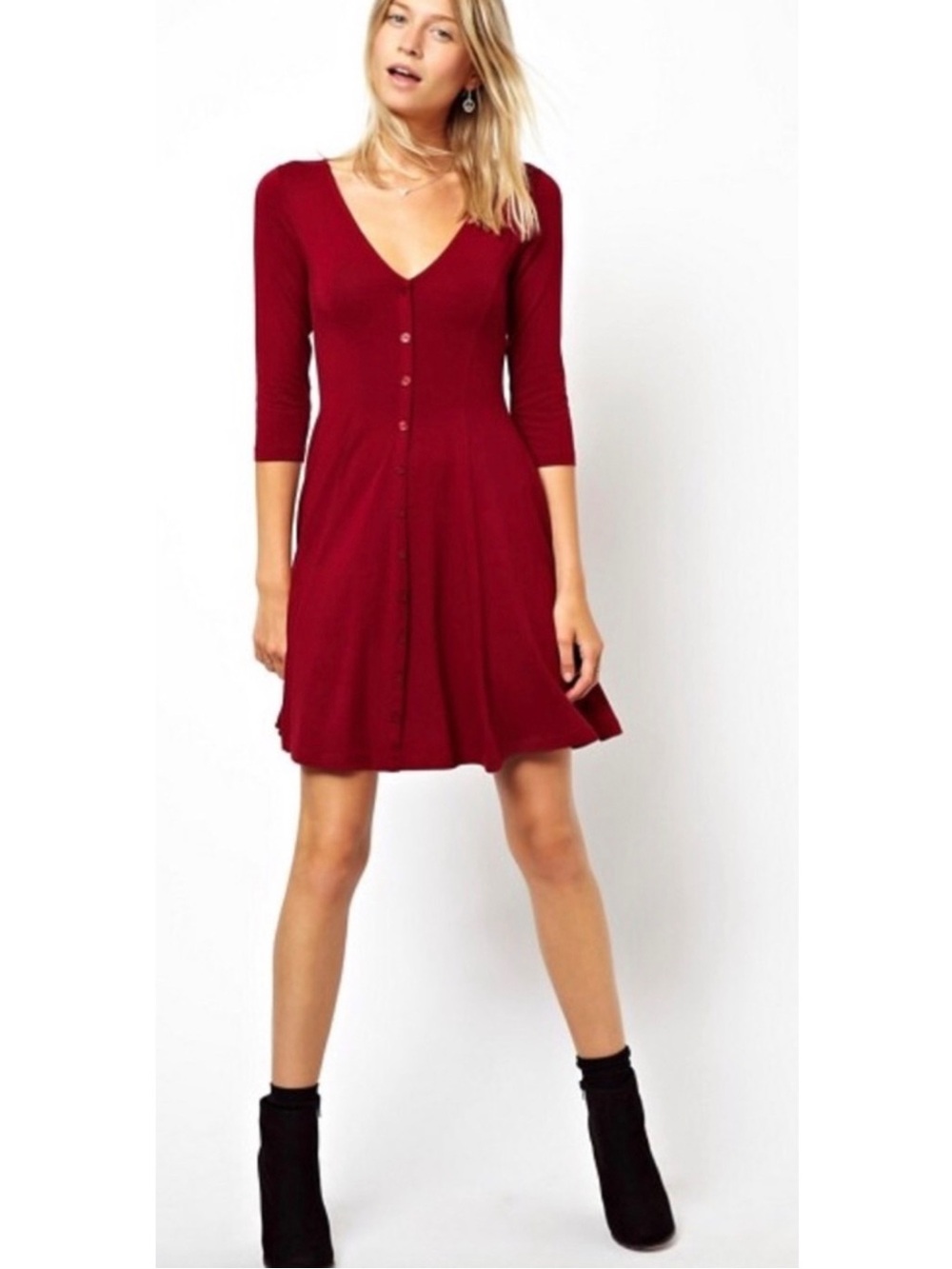 ASOS '90s Skater Dress w/ Faux Buttons & 3/4 Sleeves in Deep Red / US 4 / Small